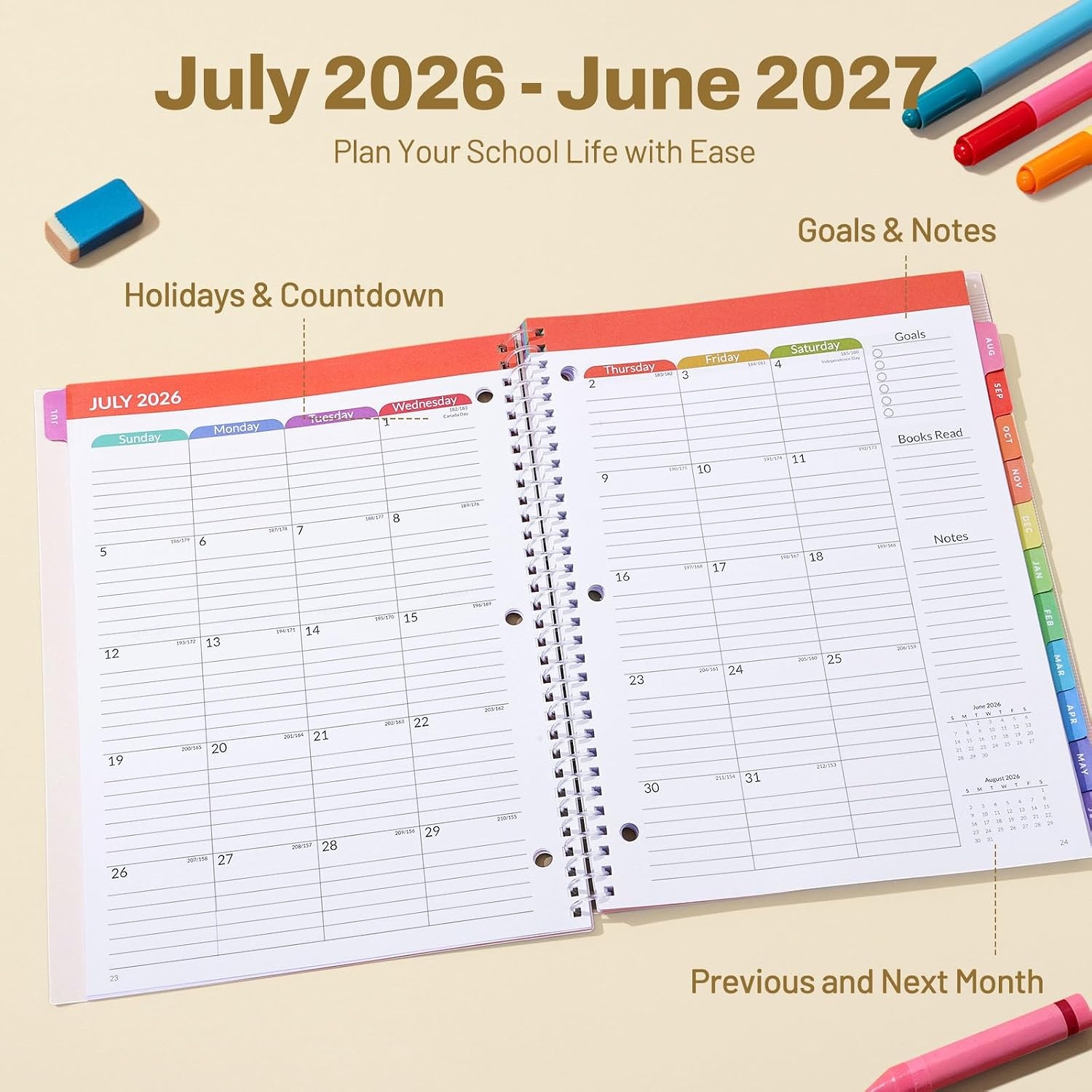 image:imageSUNEE Elementary Student Planner 20262027 Dated Academic Year Jul 2026 Jun 2027 6583 School Planner for Kids Datebooks Weekly amp Monthly Plan Book with BookmarkMonthly Tabs Solar SystemBeige Rainbow
