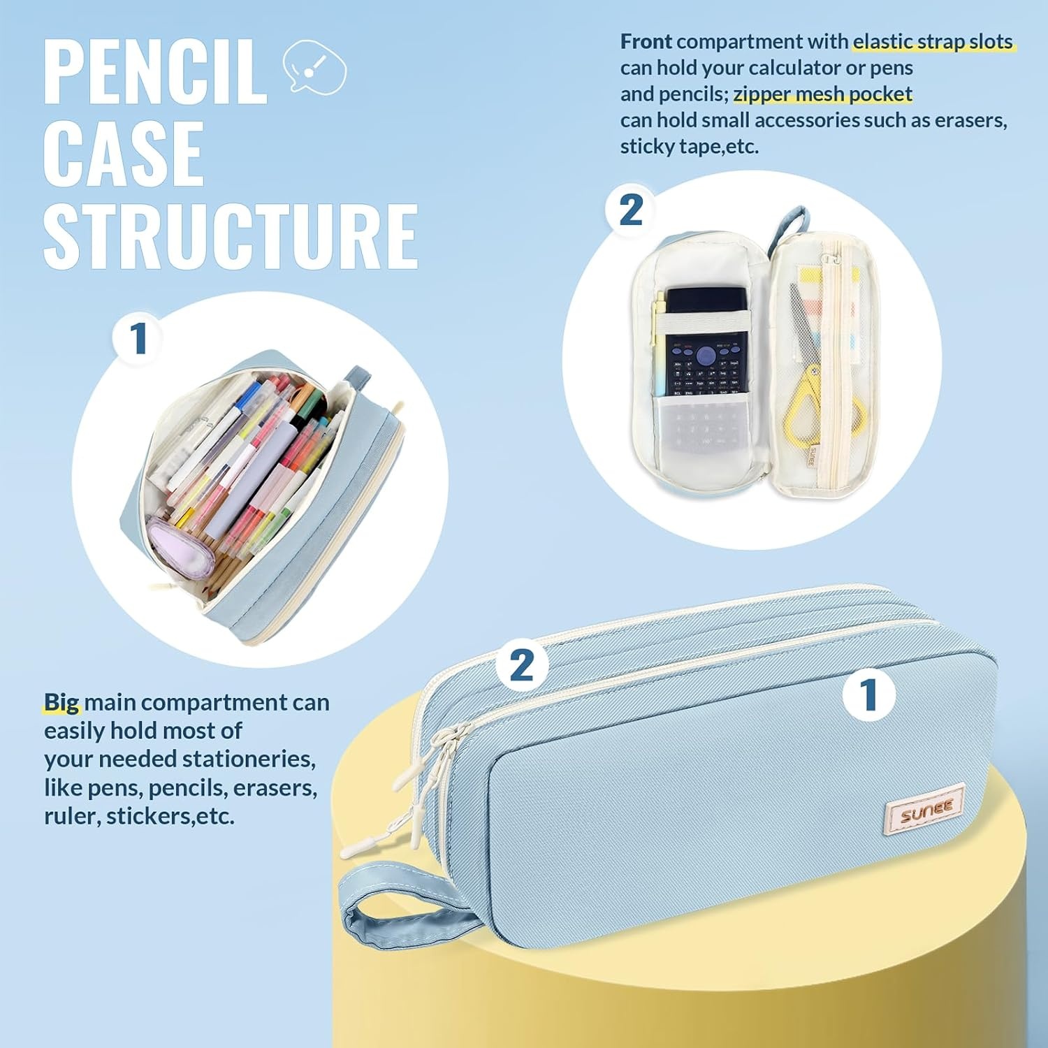 image:imageSUNEE Pencil Case Large Capacity Pencil Pouch Aesthetic Pen Bag Office Stationery Organizer Simple Sturdy Multifunctional for Teen Girls Women Men BlueBlue