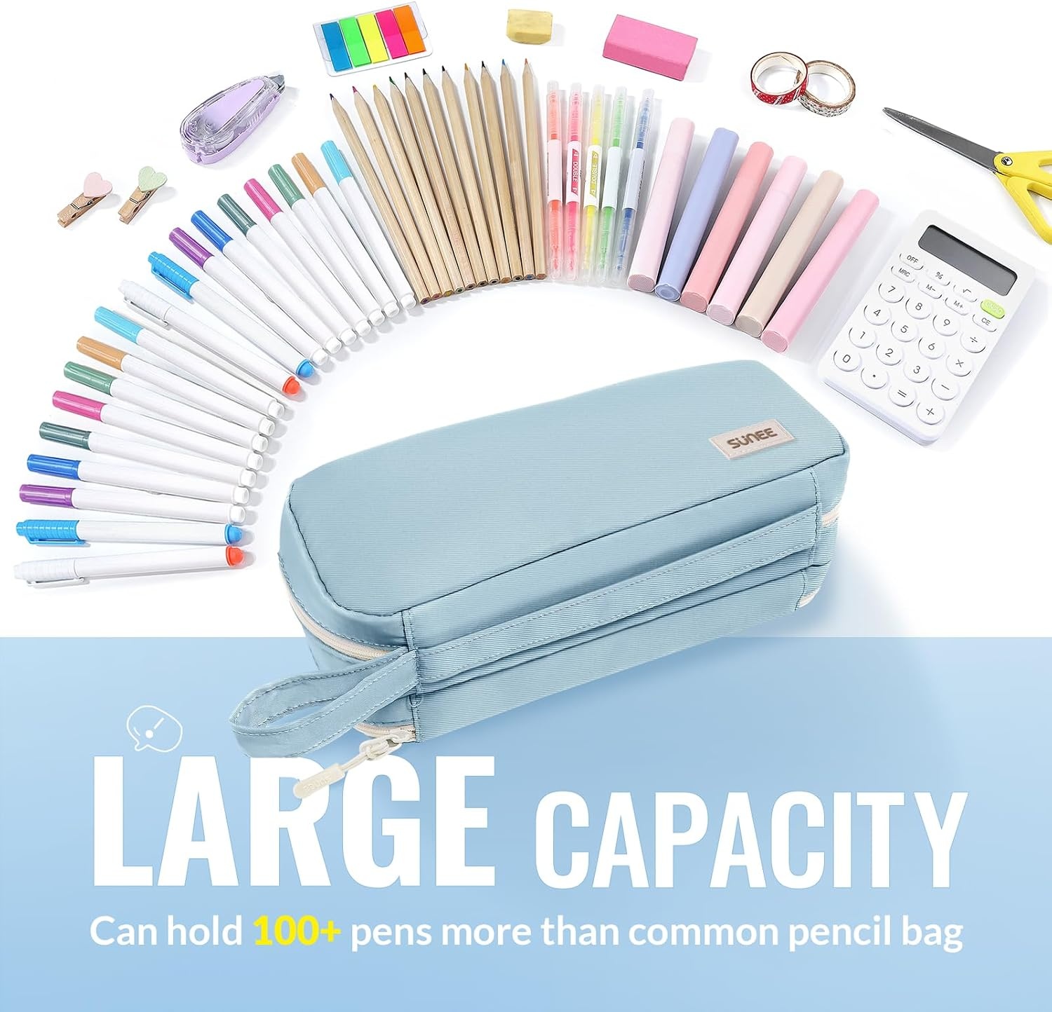 image:imageSUNEE Pencil Case Large Capacity Pencil Pouch Aesthetic Pen Bag Office Stationery Organizer Simple Sturdy Multifunctional for Teen Girls Women Men BlueBlue
