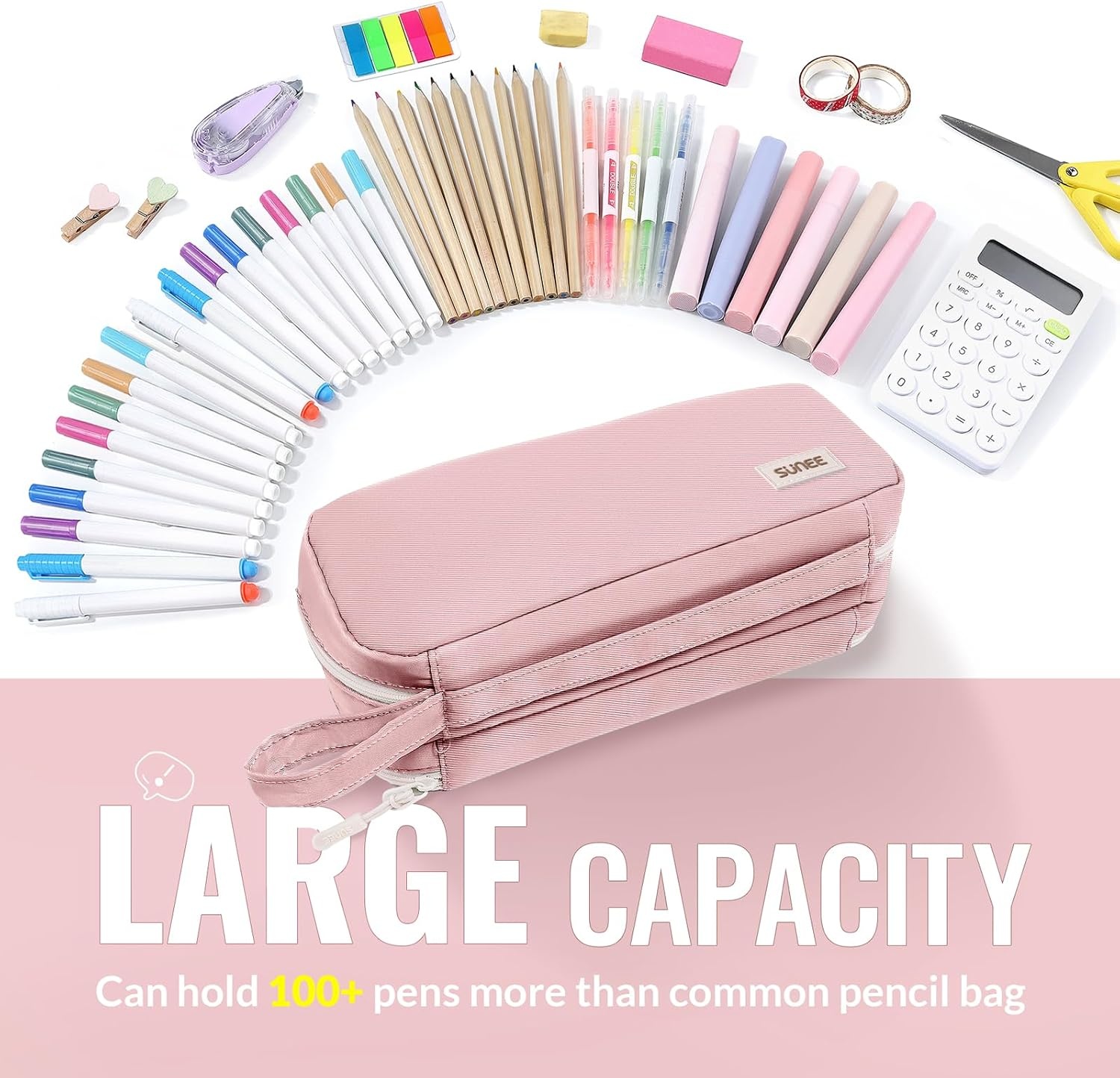 image:imageSUNEE Pencil Case Large Capacity Pencil Pouch Aesthetic Pen Bag Office Stationery Organizer Simple Sturdy Multifunctional for Teen Girls Women Men BluePink