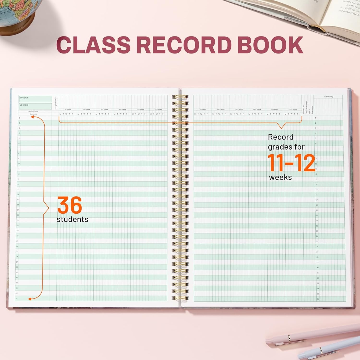 image:imageSUNEE Teacher Class Record Book for 1112 weeks 36 Names 85x11 Inch 104 Pages 52 Sheets 100gsm Thick Paper Larger Grade Recording up to 36 Students with WaterResistant Plastic Cover MarblePink Marble