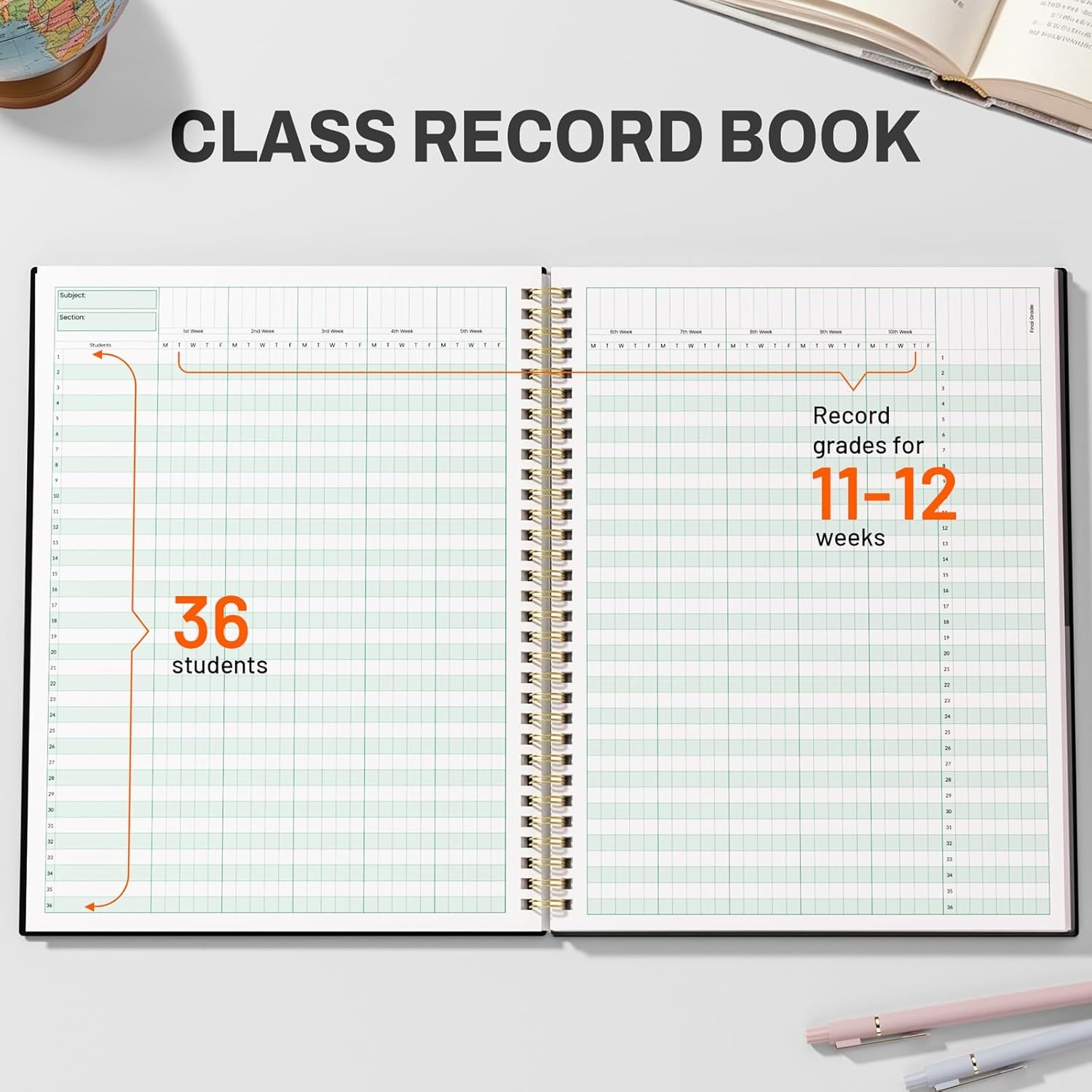 image:imageSUNEE Teacher Class Record Book for 1112 weeks 36 Names 85x11 Inch 104 Pages 52 Sheets 100gsm Thick Paper Larger Grade Recording up to 36 Students with WaterResistant Plastic Cover MarbleBlack