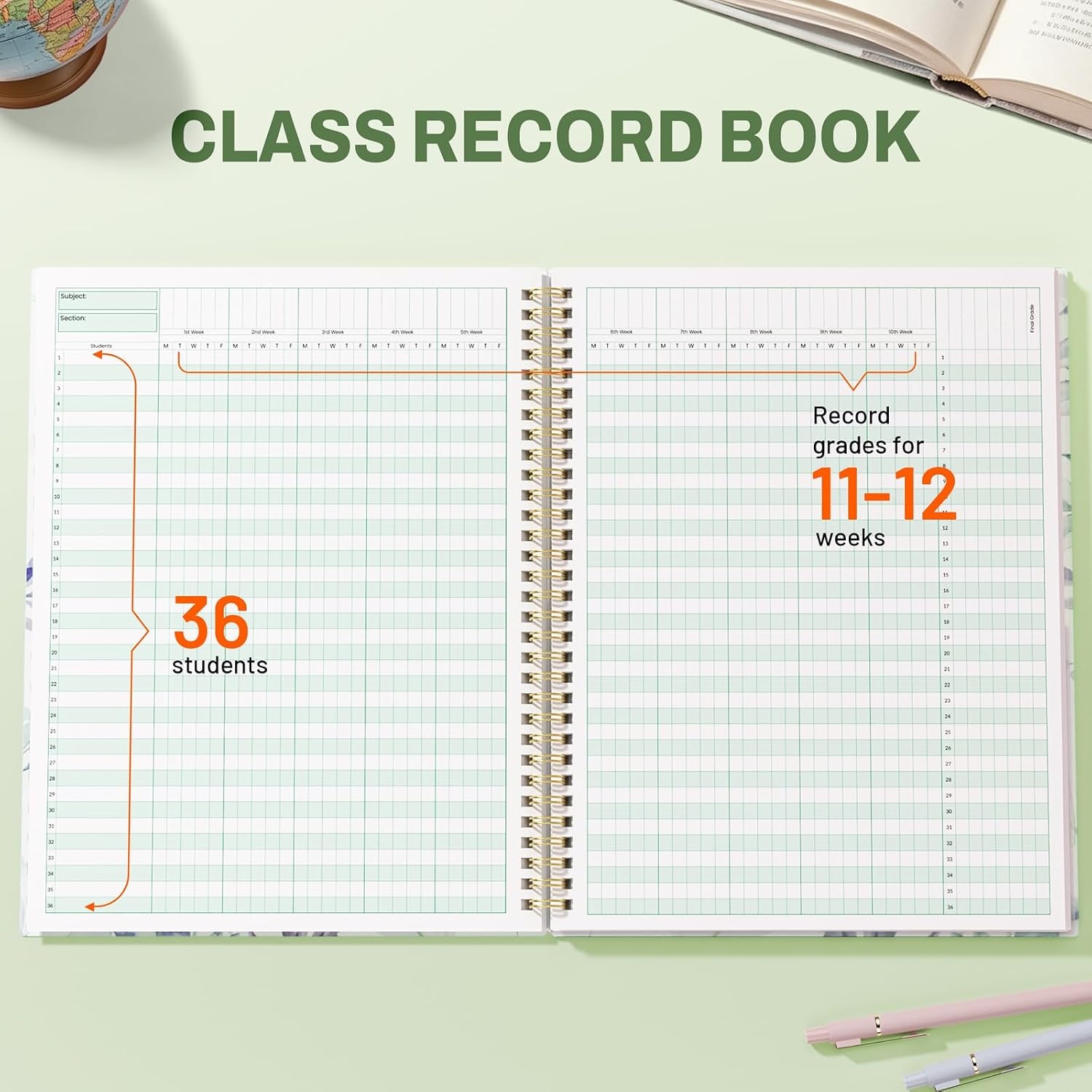 image:imageSUNEE Teacher Class Record Book for 1112 weeks 36 Names 85x11 Inch 104 Pages 52 Sheets 100gsm Thick Paper Larger Grade Recording up to 36 Students with WaterResistant Plastic Cover MarbleFull Leaf