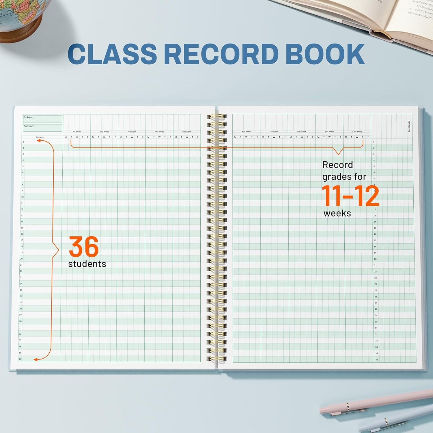 image:imageSUNEE Teacher Class Record Book for 1112 weeks 36 Names 85x11 Inch 104 Pages 52 Sheets 100gsm Thick Paper Larger Grade Recording up to 36 Students with WaterResistant Plastic Cover MarbleBlue