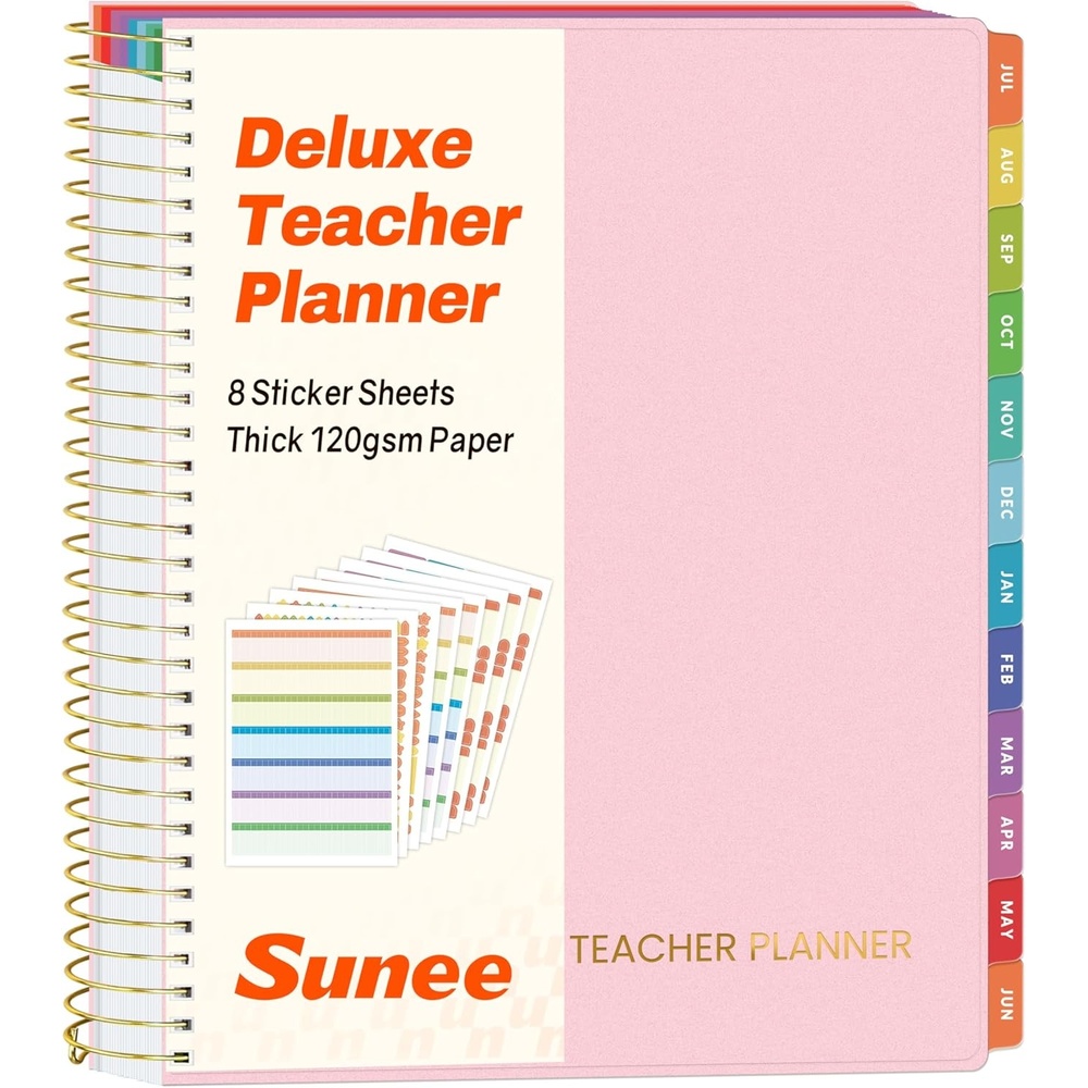 image:imageSUNEE Deluxe Teacher Planner 20262027 Lesson Planner Book with 7 Periods Jul 2026 Jun 2027 85 x 11 Daily Weekly and Monthly Organizers with Colorful Tabs Planning Stickers120gms Paper BlackPink