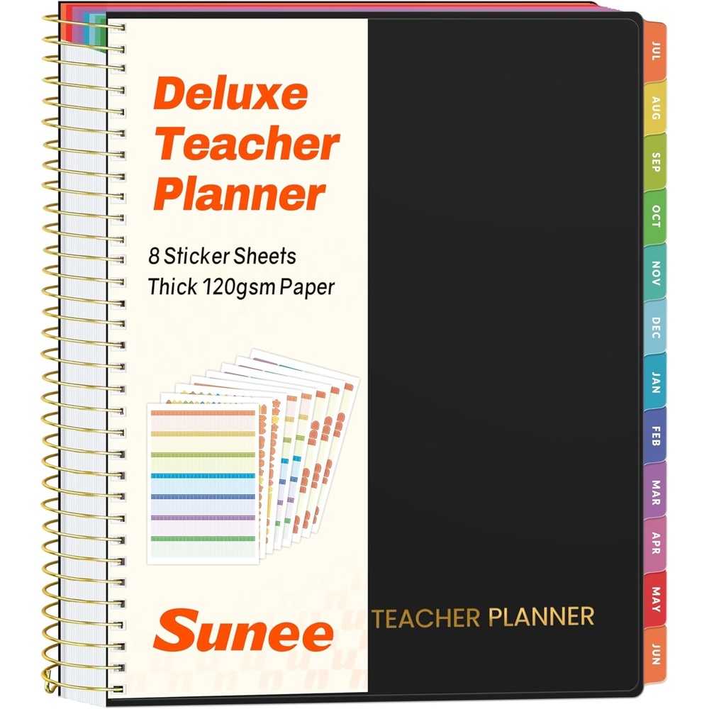 image:imageSUNEE Deluxe Teacher Planner 20262027 Lesson Planner Book with 7 Periods Jul 2026 Jun 2027 85 x 11 Daily Weekly and Monthly Organizers with Colorful Tabs Planning Stickers120gms Paper BlackBlack
