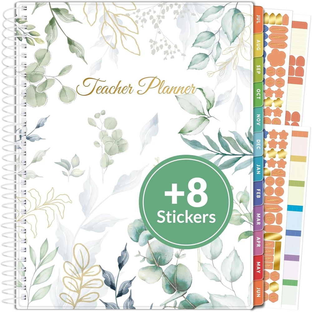 image:imageSUNEE Deluxe Teacher Planner 20262027 Lesson Planner Book with 7 Periods Jul 2026 Jun 2027 85 x 11 Daily Weekly and Monthly Organizers with Colorful Tabs Planning Stickers120gms Paper BlackLeaf