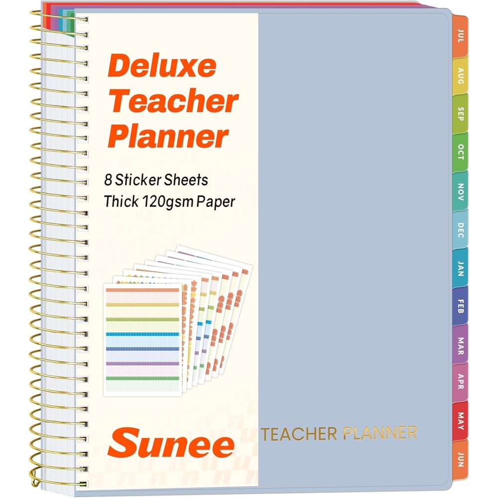 image:imageSUNEE Deluxe Teacher Planner 20262027 Lesson Planner Book with 7 Periods Jul 2026 Jun 2027 85 x 11 Daily Weekly and Monthly Organizers with Colorful Tabs Planning Stickers120gms Paper BlackBlue
