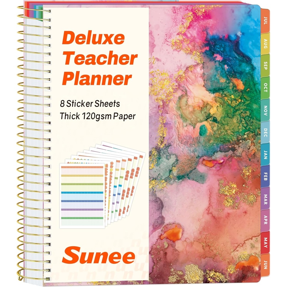 image:imageSUNEE Deluxe Teacher Planner 20262027 Lesson Planner Book with 7 Periods Jul 2026 Jun 2027 85 x 11 Daily Weekly and Monthly Organizers with Colorful Tabs Planning Stickers120gms Paper BlackPink Marble