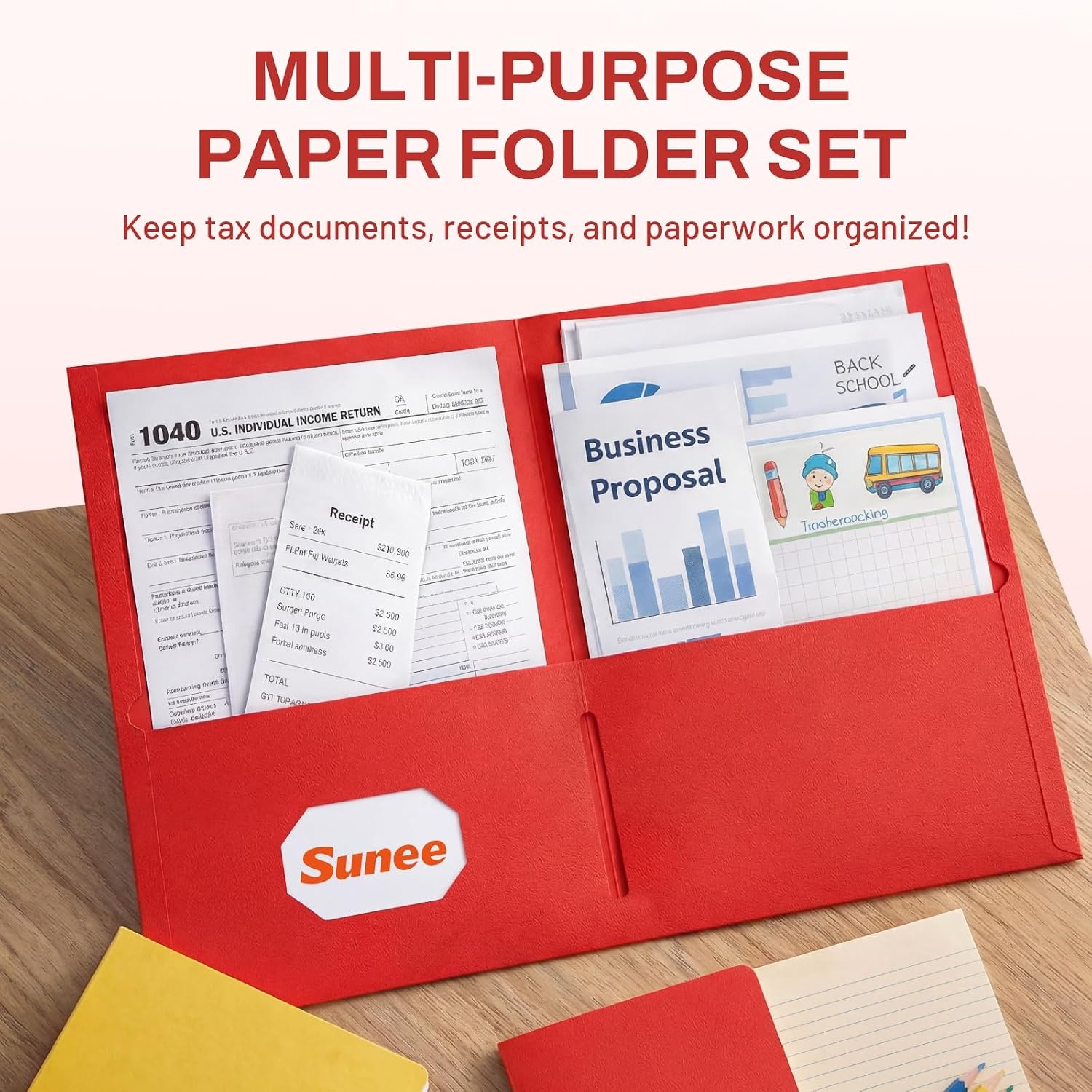 image:imageSUNEE Folders with Pockets125 Pack Red 2 Pocket Folders Fit Letter Size Paper Paper File Folder for School Office Home BusinessRed