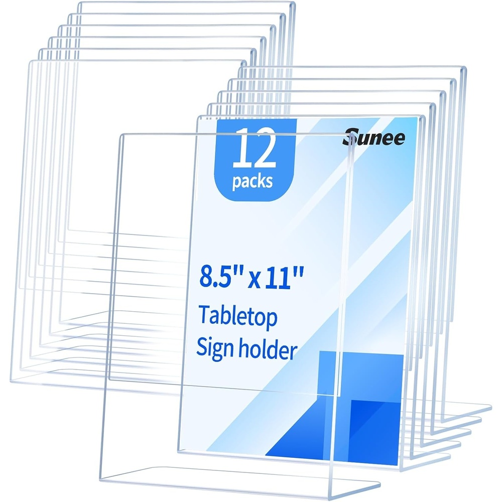 image:imageSUNEE 12 Pack Acrylic Sign Holder 85x11 Clear Plastic Paper Stand for Flyers and Menus Vertical LShape Display Frame for Restaurant Office Stores Tabletop